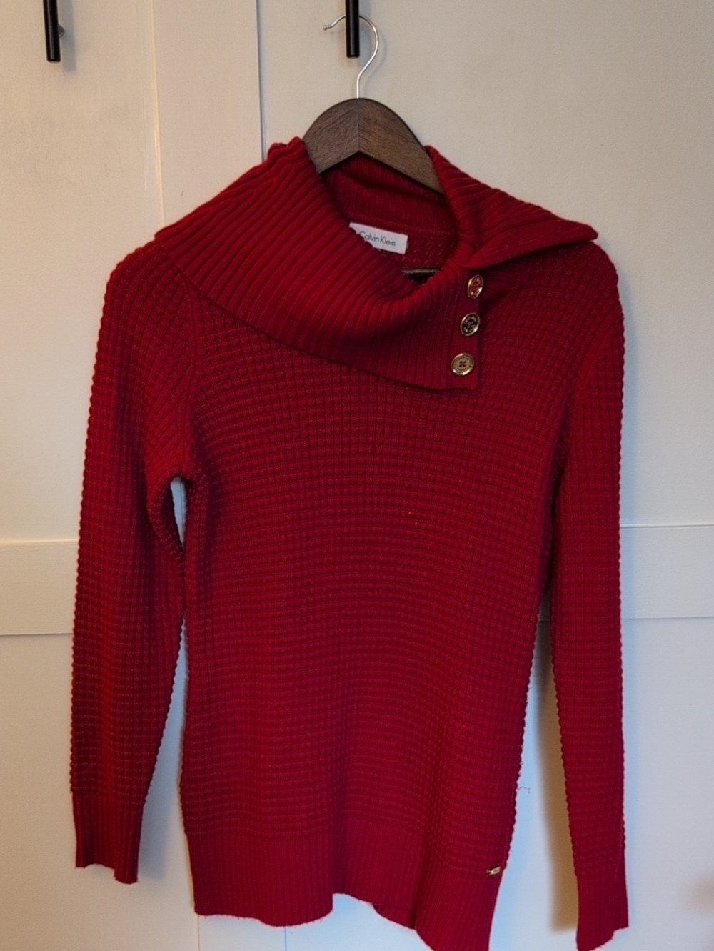 Calvin Klein Women's Crimson Button-Detail Cowl Turtleneck Sweater